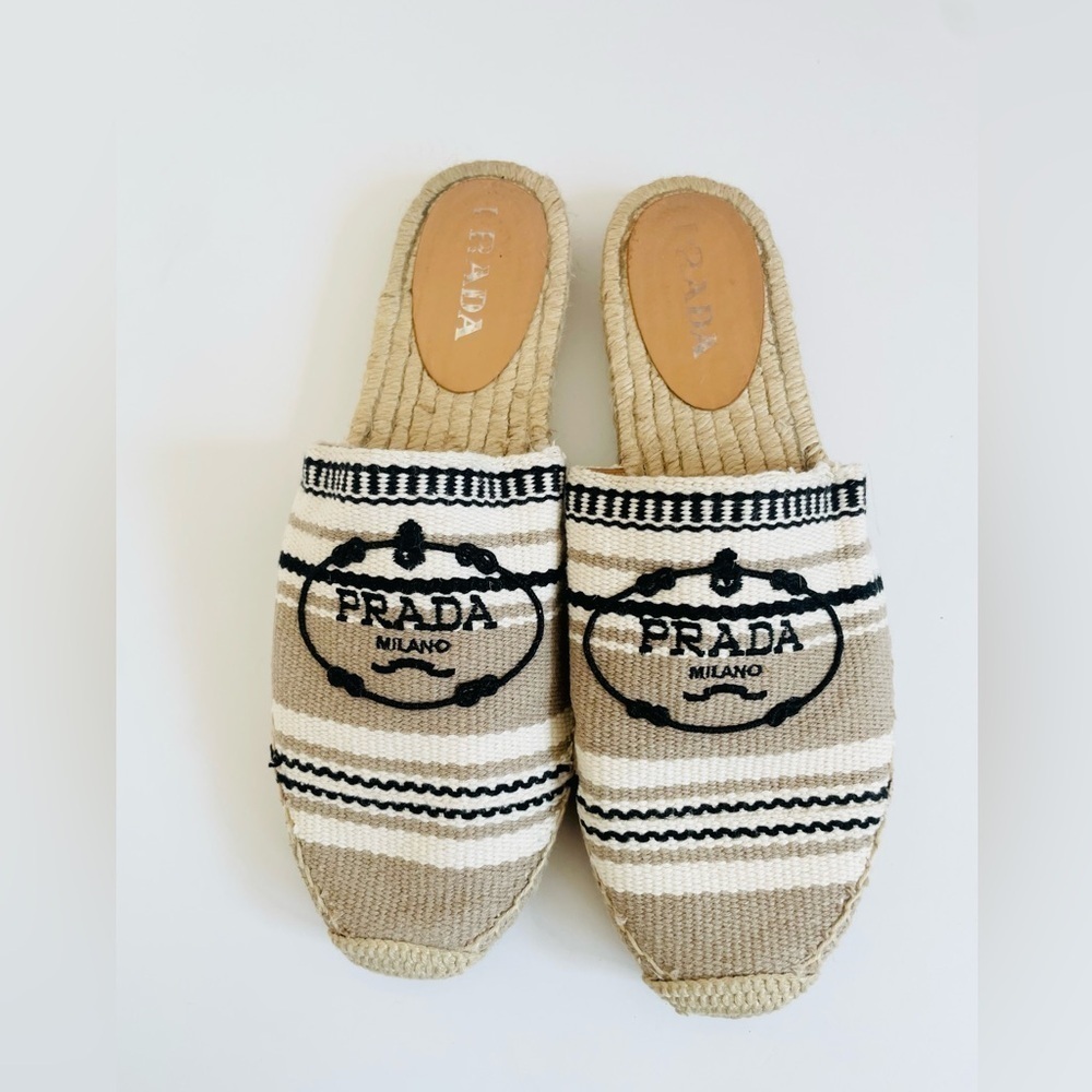 Prada Beige Black stripe cloth logo embroidered slip on flat mules EU 41 - Picture 2 of 9